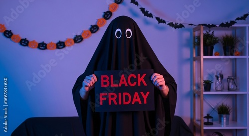 Ghostly Figure Announces Black Friday Deals with Festive Halloween Decor