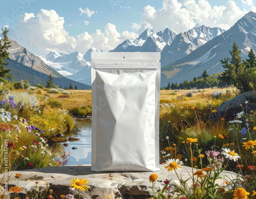 Blank, white, metallic pouch bag mockup against a scenic backdrop of a mountain meadow and clear stream.