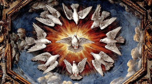 Doves surround radiant Holy Spirit