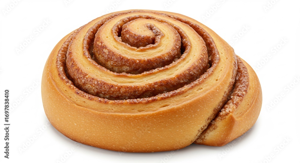 Fototapeta premium Golden brown cinnamon roll swirls sweetly against white background. AI Generated