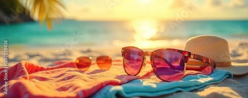 Golden hour sunlight bathes a vibrant beach towel, sunglasses, and summer essentials  Perfect for travel, vacation, and summer themed projects  Relaxing summer vibes ,  leisure,  hot