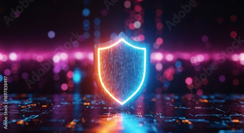Digital Shield Glows Protecting Data against Cyber Threats in Neon City