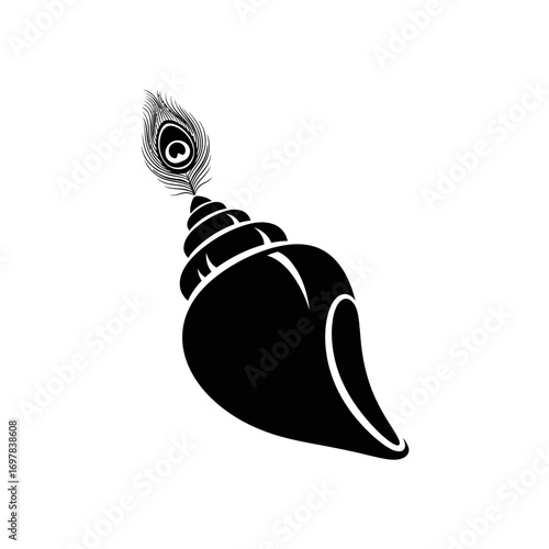 A black silhouette of a conch shell adorned with a single peacock feather at its apex, presented on a white background.