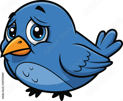 Cartoon blue bird, sad eyes, whimsical character, feather details, orange beak, vector illustration, cad drawing, flat design, emotional pose, cute animal