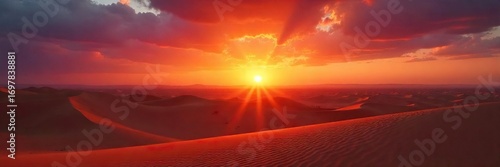 Fiery sunset over a vast desert landscape, sand dunes glowing with intense heat Perfect for travel, adventure, and nature projects , wild, dune landscape, scorching