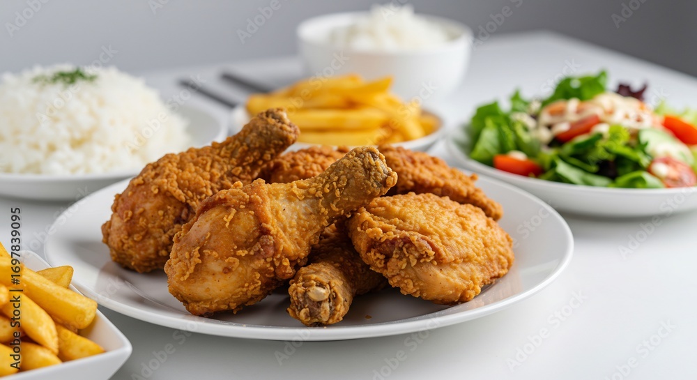 Crispy golden fried chicken dinner plate with rice and salad. AI Generated Crispy golden fried chicken dinner plate with rice and salad. AI Generated