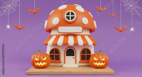 Spooky Halloween Mushroom House with Pumpkins and Bats