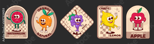 Retro fruit sticker set with cartoon characters and vintage checkerboard patterns for nostalgic branding. Smiling food mascots with playful typography for organic food packaging or children products.