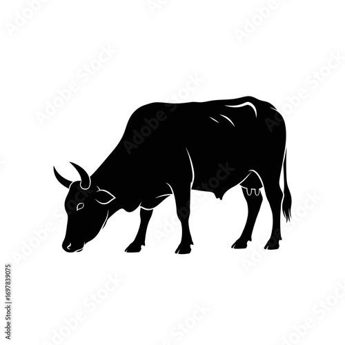 Silhouette of a black cow with horns grazing peacefully in a field, depicted against a clean white background.