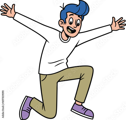Cartoon character, blue hair, jumping pose, expressive face, joyful movement, vector illustration, flat design, cad drawing, dynamic action, celebration moment