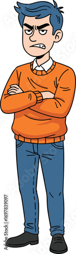 Cartoon character, crossed arms, stern expression, orange sweater, blue jeans, assertive pose, vector illustration, cad drawing, flat design, emotional attitude