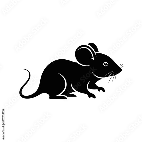 A black silhouette of a small mouse with a long tail, depicted against a clean white background.