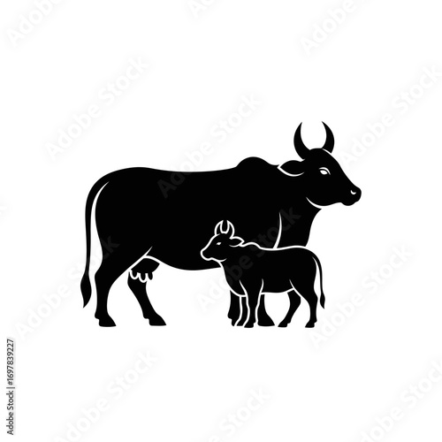 Silhouette illustration of a cow and calf, showcasing maternal bond and bovine form.