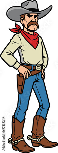 Cartoon cowboy, Western character, gray hat, red bandana, blue jeans, holster pose, vector illustration, cad drawing, flat design, frontier style