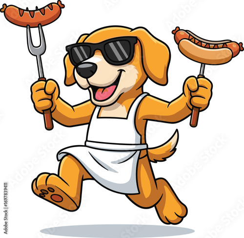Cartoon dog grilling sausages, barbecue apron, sunglasses, jumping pose, funny pet, vector illustration, cad drawing, flat design, summer cookout character