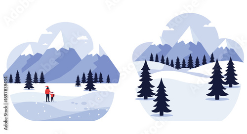 winter landscape with snow covered mountains and pine trees