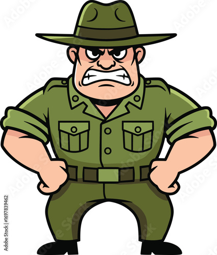 Cartoon drill sergeant, military character, green uniform, stern face, ranger pose, vector illustration, cad drawing, flat design, authority figure, leadership icon