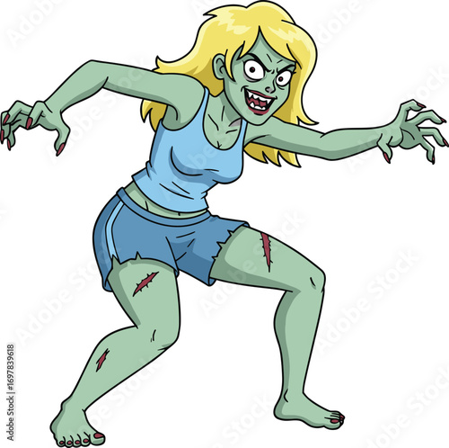 Cartoon female zombie, green skin, blonde hair, clawed hands, torn clothes, horror character, vector illustration, cad drawing, flat design, Halloween monster