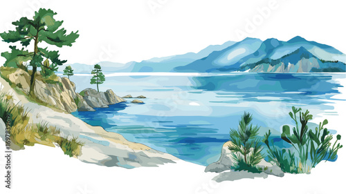 Lake Baikal. Lake Baikal watercolor vector illustration