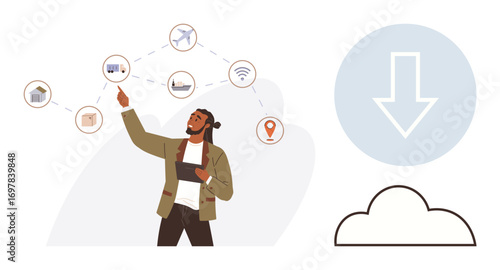 Man pointing at transport icons linked by dotted lines while using a tablet. Cloud with arrow indicating data download. Ideal for logistics, cloud technology, connectivity, transport, supply chain