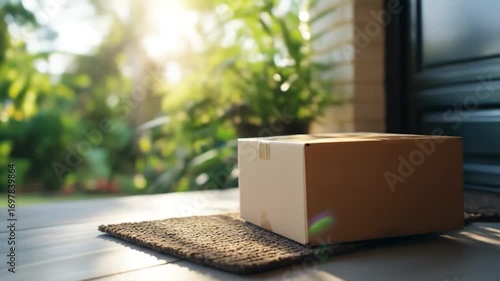 Cardboard box on doormat at residential front door delivery package