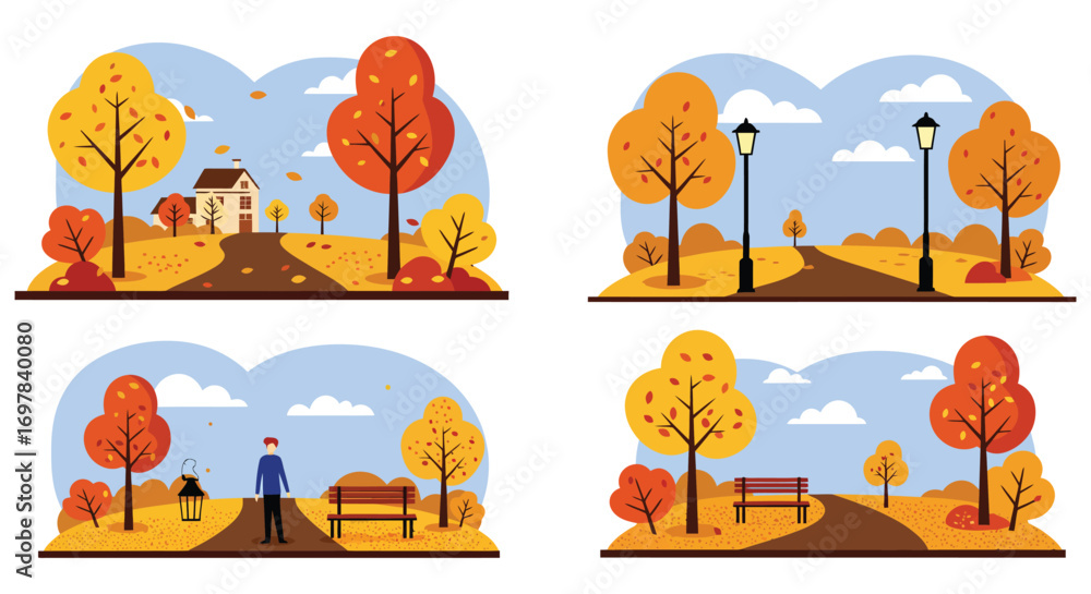 Fototapeta premium autumn scenes with trees houses paths and people enjoying nature