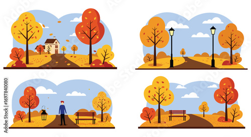 autumn scenes with trees houses paths and people enjoying nature