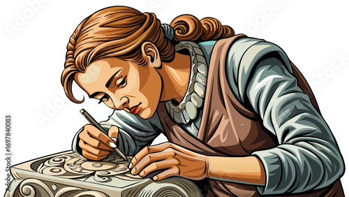 Close-up portrait of female stone carver finishing a carved detail. White background showcases heritage, skill, and rugged beauty.