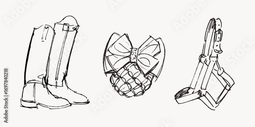 Hand drawn horseback riding tack and harness, riding boots, horse halter and riders hair net