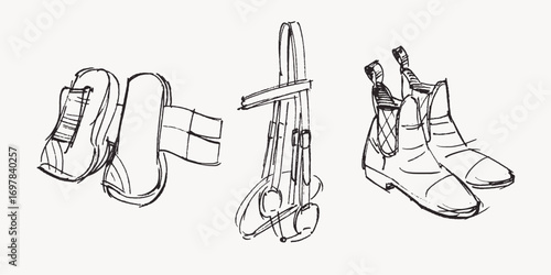 Hand drawn horseback riding tack and harness, protective horse footwear and riding boots