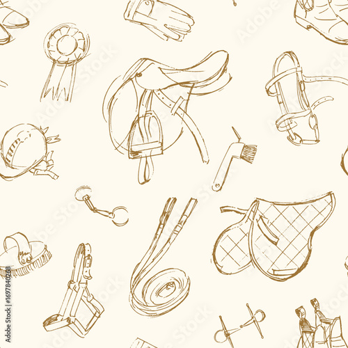 Seamless pattern with horseback riding tack and harness items, sketchy hand drawn vector illustrations
