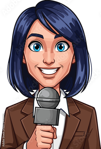 Cartoon reporter, brown suit, blue eyes, microphone pose, news anchor character, vector illustration, cad drawing, flat design, journalism theme, media figure