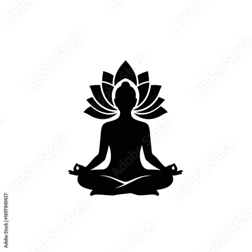 Silhouette of a person in a meditative yoga pose, surrounded by lotus flower design.