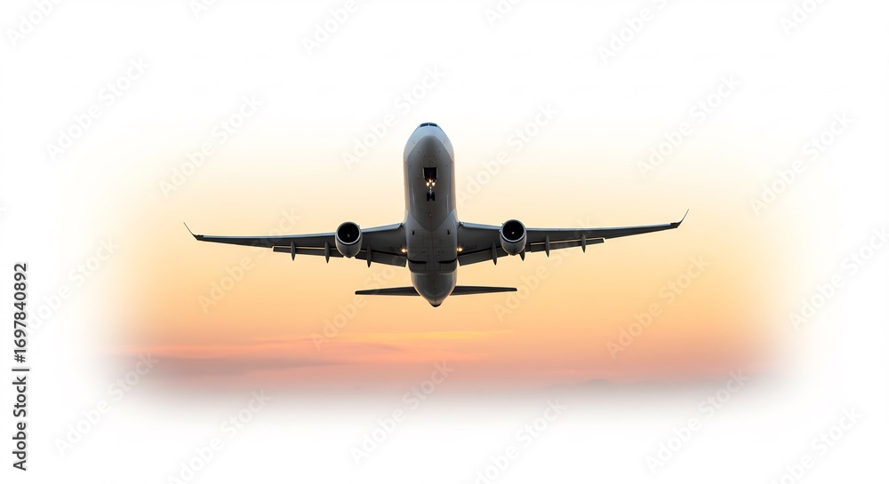 Fototapeta premium Airplane ascends gracefully through warm sunset light. AI Generated