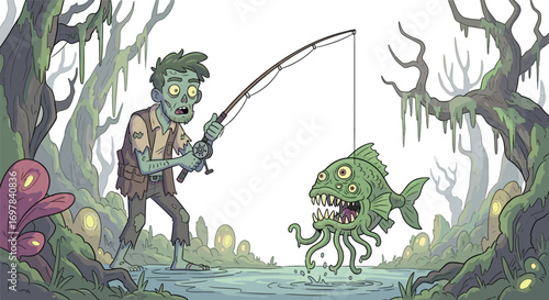 Cartoon zombie fisherman, swamp fishing, monstrous catch, green skin, tattered clothes, fantasy horror, vector illustration, cad drawing, flat design, surreal creature
