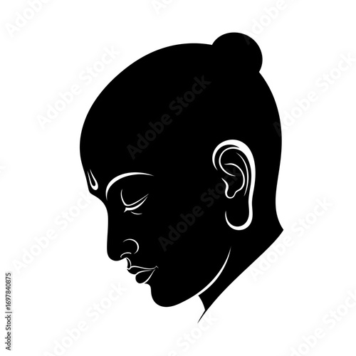 Silhouette of a serene person with closed eyes, in deep contemplation, and a topknot.