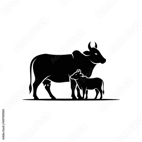 Silhouette illustration of an adult cow standing next to its calf, both facing right, depicted in black against a white background.