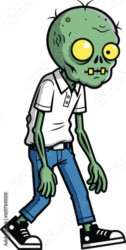Cartoon zombie, green skin, yellow eyes, exposed skull, creepy pose, Halloween character, vector illustration, cad drawing, flat design, undead figure