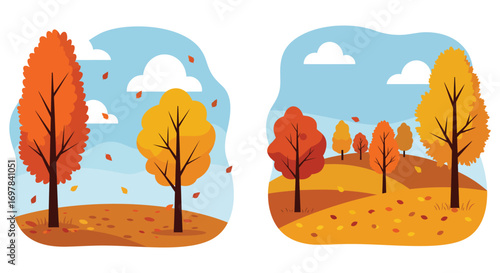 autumn trees shedding leaves under blue sky