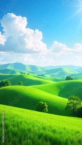 Serene rolling hills of lush green pastureland under a bright, sunny sky Ideal for backgrounds, nature themes, or agricultural projects Peaceful countryside scene , scenic, animals, grazing