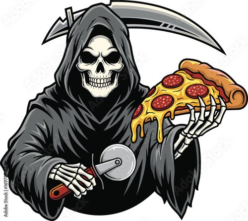 Grim Reaper with pizza, cartoon skeleton, black cloak, pepperoni slice, horror humor, vector illustration, cad drawing, flat design, undead chef