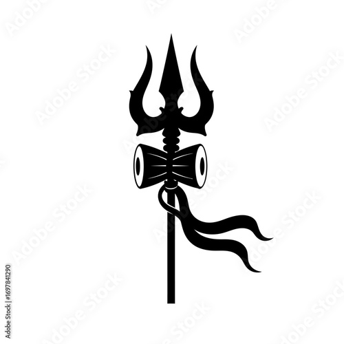 A black silhouette of a trident with two drums and flowing ribbons against a white background, symbolizing divine power and spiritual significance.