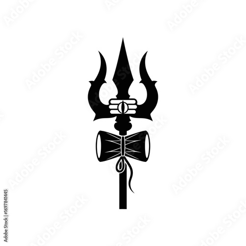 A stylized black silhouette of a Trishul, the divine trident weapon associated with Lord Shiva, adorned with a Damaru drum.