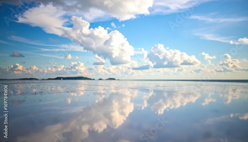 Reflective Surface Mirroring Cloudy Sky and Distant Islands