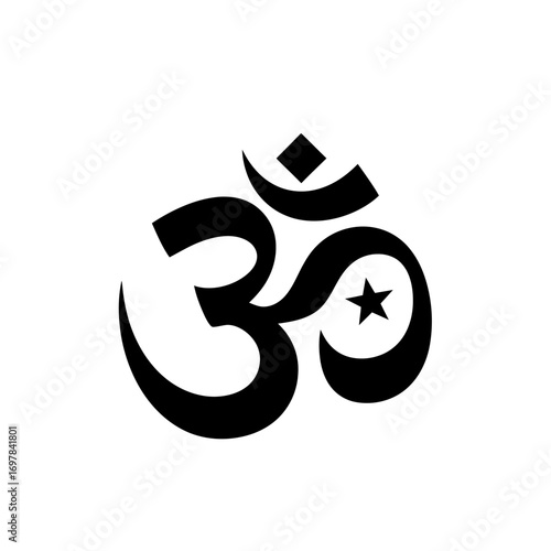 A black Om symbol, a sacred spiritual icon in Hinduism, Buddhism, Jainism, and Sikhism, representing the primordial sound of the universe.