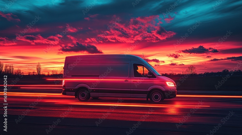 Fototapeta premium Delivery van at sunset, motion blur