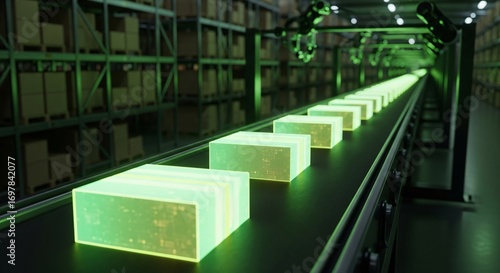 Automated Warehouse with Glowing Packages on Conveyor Belt