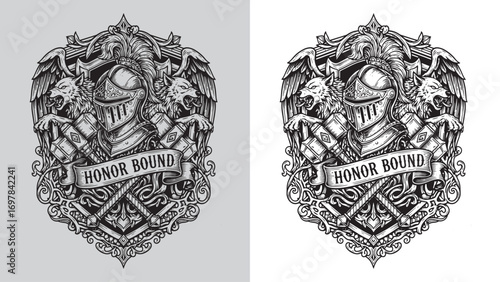Knight Helmet and Wolf Heads, Honor Bound Medieval Emblem