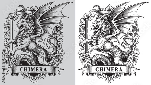 Chimera Mythological Creature, Heraldic Shield with Floral Frame