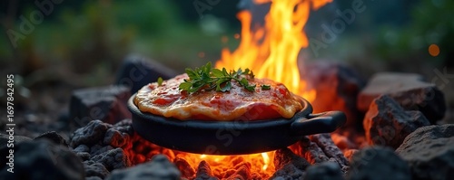 Delicious campfire-cooked meals sizzle over glowing embers, creating a rustic and inviting scene perfect for outdoor adventures Enjoy the aroma of cooking food outdoors , survival, tasty, stars